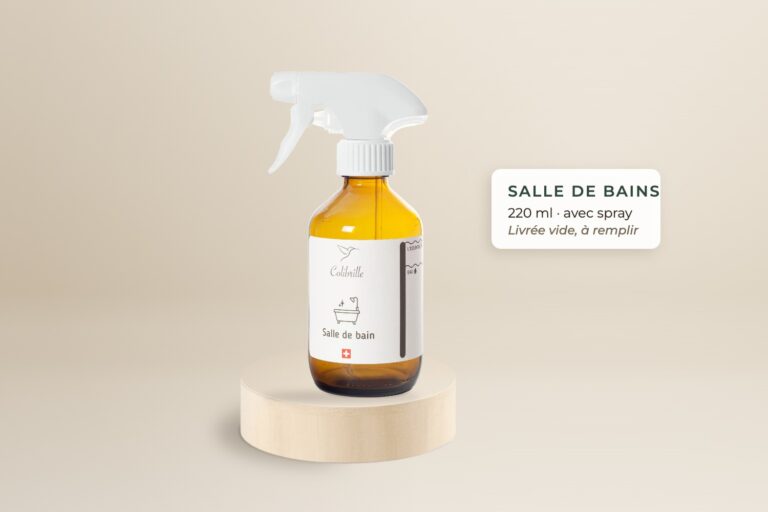 Bouteille en verre ambré vide Colibrille Salle de bains avec spray, 220 ml, sur un socle en bois