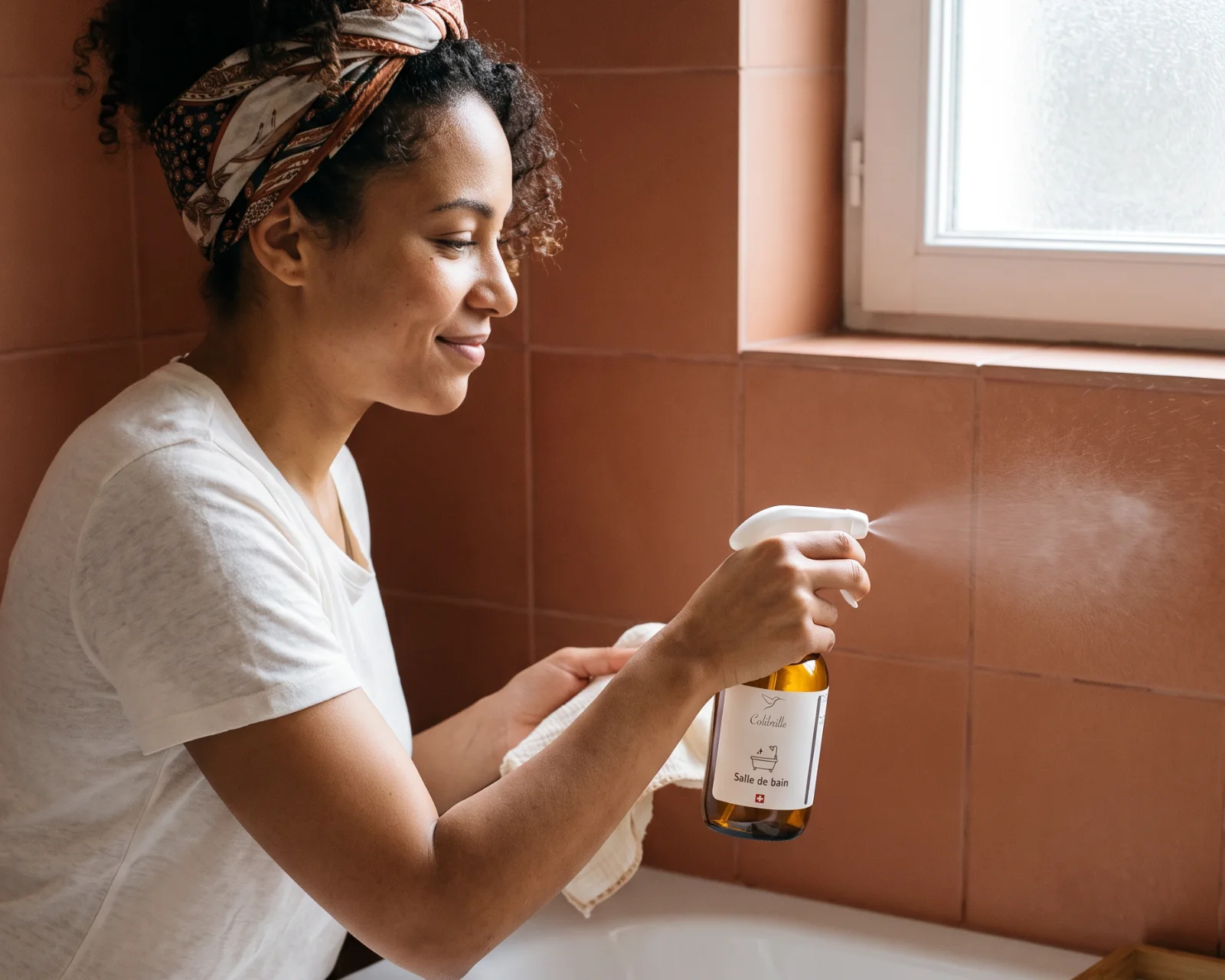 Femme qui nettoie le carrelage de sa salle de bain avec le spray Salle de bain Colibrille, près d'une fenêtre